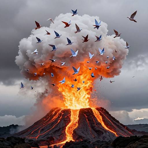 Photograph of an erupting volcano with bright orange lava, thick white and red smoke, and a flock of birds flying above.