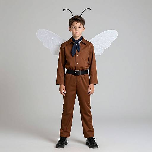 Photograph of a young boy in a brown bee costume with black antennae, white wings, blue necktie, black belt, and black shoes,