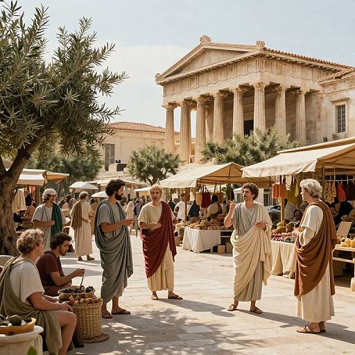 Ancient Greek marketplace scene: Romans in togas, olive trees, market stalls, and a grand temple in the background, under bright sunlight. Photograph