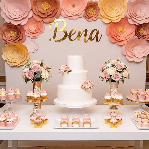 Photograph of a brightly lit dessert table with a white three-tier cake, pink roses, gold 