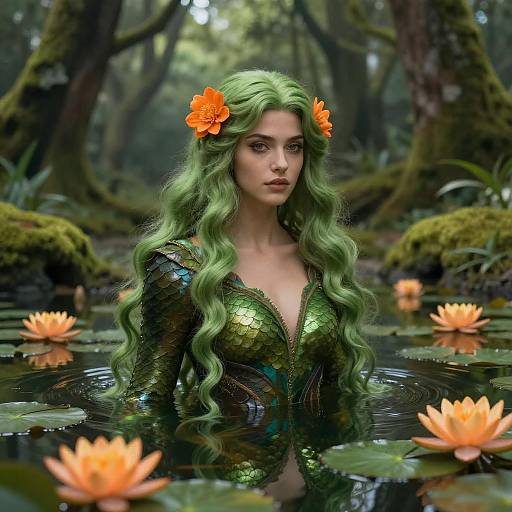 Enchanting Fantasy Woman in Forest Pond