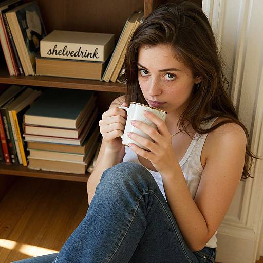 Cozy Woman with Vintage Bookshelf