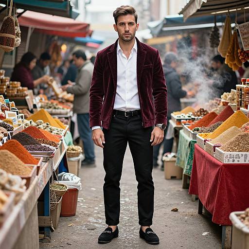 Photograph: Handsome man with short brown hair, dark beard, white shirt, black velvet jacket, black pants, standing in bustling outdoor spice market