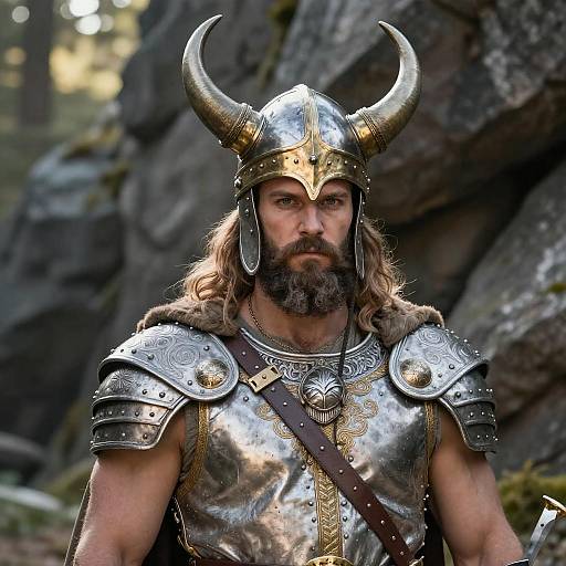 Photograph of a bearded Viking warrior with long hair, wearing a silver horned helmet and intricately designed silver armor, standing in a rocky forest