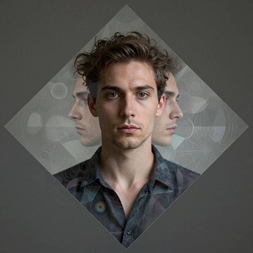 Photograph of a young, handsome man with curly brown hair, blue eyes, and fair skin, wearing a dark button-up shirt, set against a