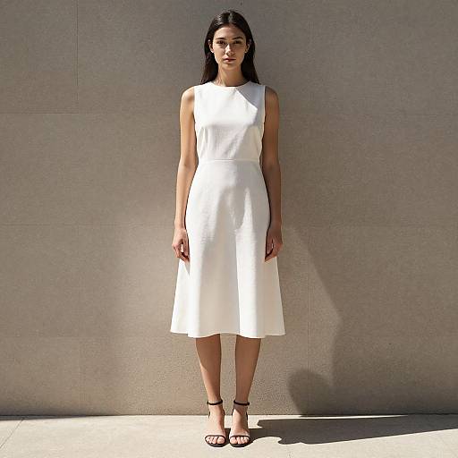 Photograph of a young woman with long black hair, wearing a sleeveless white knee-length dress and black sandals, standing against a plain gray wall.