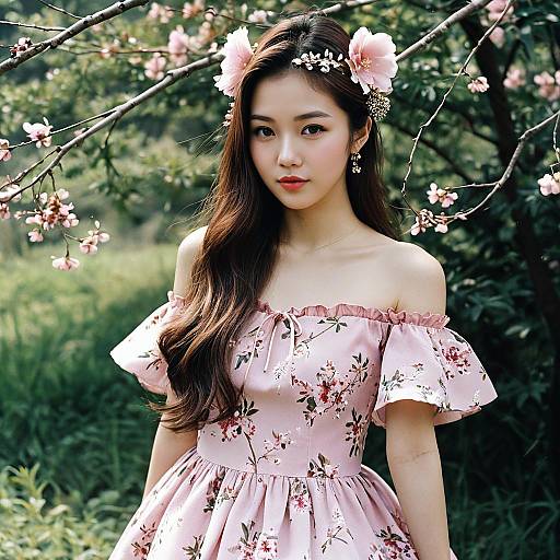 Korean Woman in Floral Pink Off-Shoulder Dress