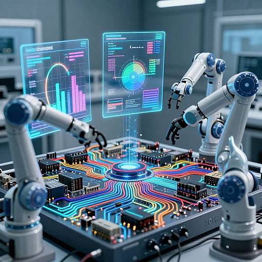 Digital illustration of three robotic arms on a colorful, circuit-board-covered table, with holographic screens displaying data and graphs above.