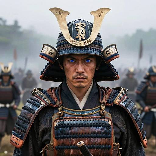 Blue-Eyed Samurai on Foggy Battlefield