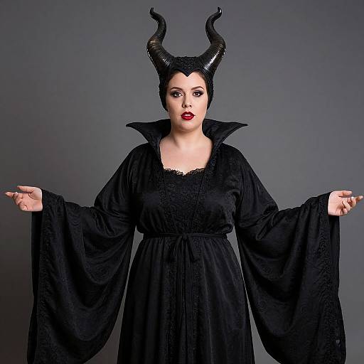 Photograph of a pale-skinned woman with black horns, red lips, and black velvet dress with wide sleeves, standing against a gray background.