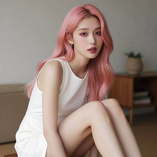 Portrait of woman with pink hair in white dress