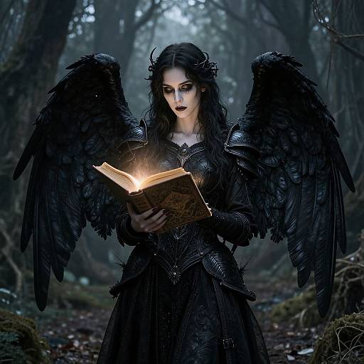 Digital fantasy artwork of a pale-skinned, dark-haired woman with black feathered wings, wearing armor, reading a glowing book in a misty forest