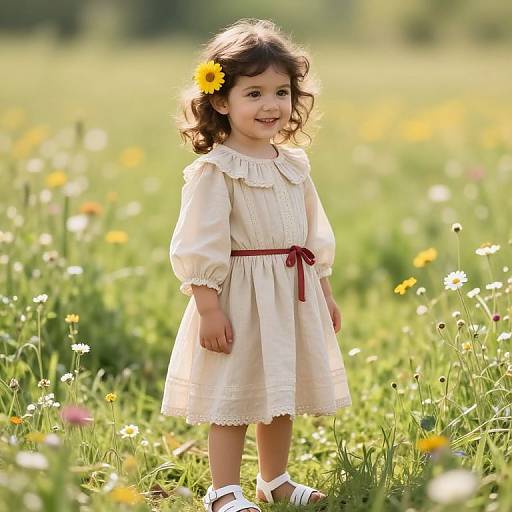 Photograph of a smiling young girl with curly brown hair, wearing a cream dress with red ribbon, white sandals, and a yellow flower in her hair