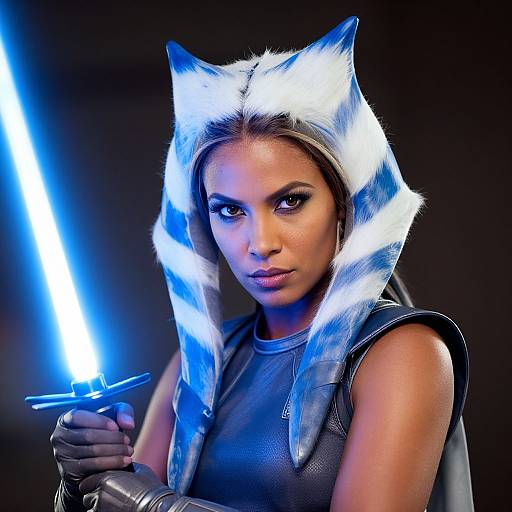 Photograph of an African-American woman with blue-white lightsaber, wearing a Togruta headpiece and black leather armor, against a dark background.
