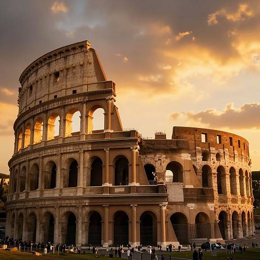 Photograph of the Colosseum at sunset, with golden sunlight illuminating its ancient, weathered stone arches and partially ruined upper sections,