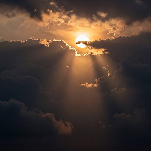 Photograph of a dramatic sunset, sunlight piercing through dark, dense clouds, casting golden rays and creating a striking contrast.