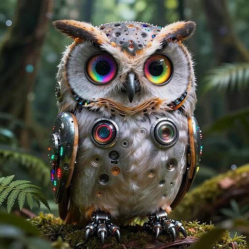 Digital artwork of a vivid, iridescent owl with large, rainbow-colored eyes, adorned with metallic buttons and wires, standing on moss in a lush