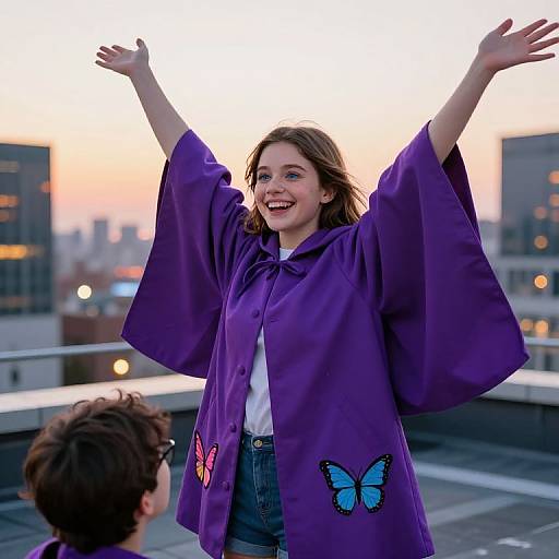 Photograph of a smiling young woman with brown hair, wearing a purple coat with butterfly patches, arms raised, standing on rooftop at sunset with a child
