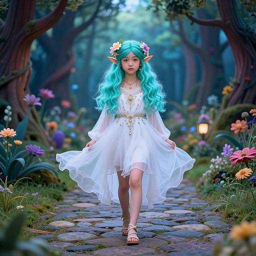 Fantastical digital artwork of a young, blue-haired elf girl in a white, flowing dress, flower crown, and sandals, walking through a magical
