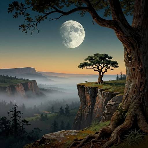 Digital painting of a lone tree on a cliff at sunset, with a full moon, misty valleys, and distant mountains.