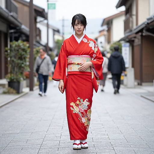 Photograph of an Asian woman in a vibrant red traditional kimono with floral patterns, standing on a cobblestone street in a Japanese alleyway,