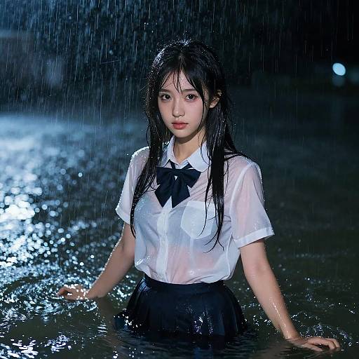 Young Woman in School Uniform Standing in Water at Night Rain