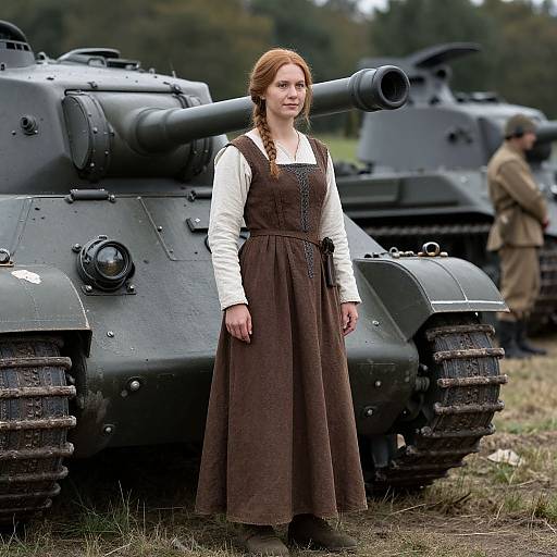 Photograph of a red-haired woman in a brown dress and white blouse standing in front of two World War II-era tanks. Background includes a blurred soldier
