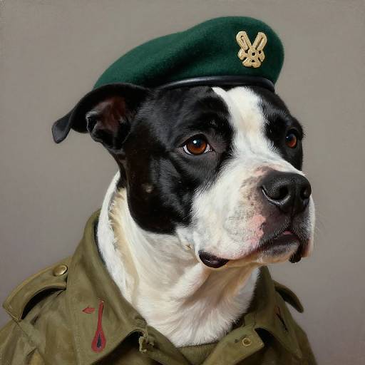Photorealistic digital portrait of a black-and-white dog wearing a green beret with a gold emblem and olive military jacket.