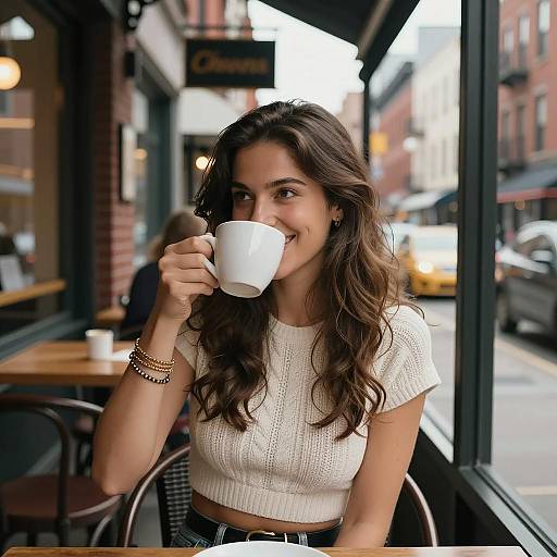 Brunette Woman Enjoying Coffee at Café