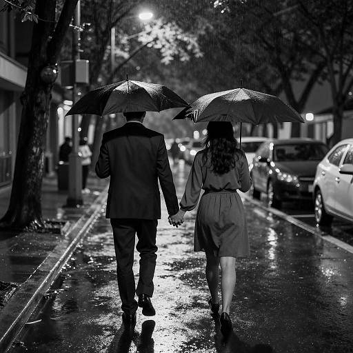 Couple Walking in Rain Holding Umbrellas