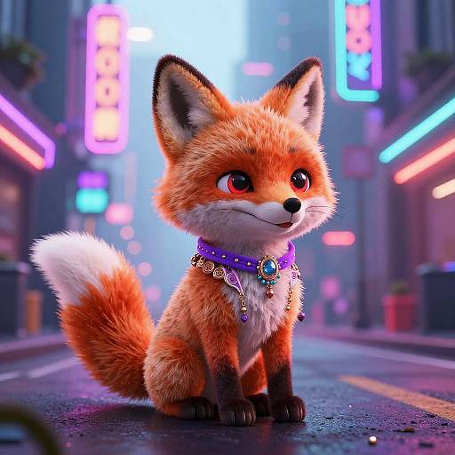 Digital illustration of a cute, fluffy, red-orange fox with large eyes, wearing a purple collar with gold and blue jewelry, sitting on a neon-l