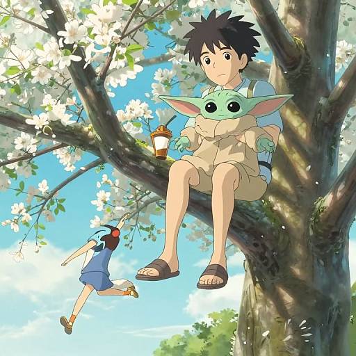 Anime-style drawing of a black-haired boy sitting in a blooming tree, holding a green goblin, while a blue-haired girl swings below. Sunny