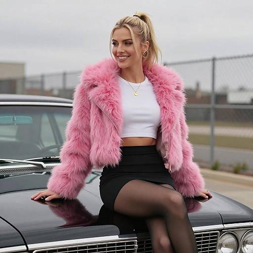 Blonde Woman on Vintage Car Hood