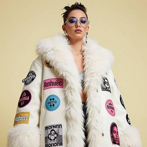 Photograph of a confident woman with short, spiky hair, wearing reflective sunglasses, a white faux fur coat with colorful sticker prints, against a plain