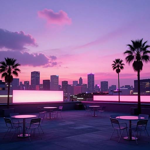 Photograph of a rooftop at sunset with purple and pink sky, silhouetted palm trees, urban skyline, and empty tables and chairs.