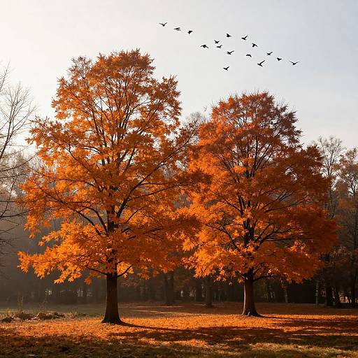 Photograph of two vibrant orange autumn trees with bright leaves, casting shadows on a grassy field, under a clear sky with a flock of black birds