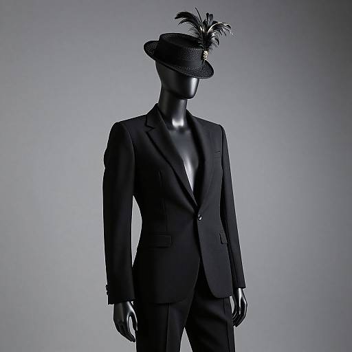 Black mannequin in a sleek, dark suit with a feathered hat, set against a gradient gray background. Photographic style.