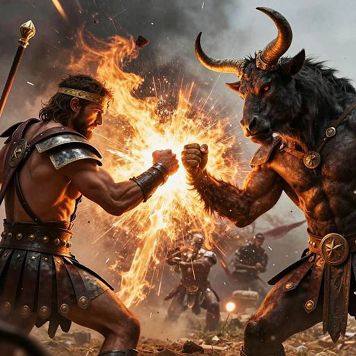 Photograph-style CGI: Muscular warrior with headband and armor sparks with fierce Minotaur in fiery battle, smoke-filled background, other warriors charging