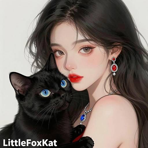 Young Woman and Cat Digital Illustration