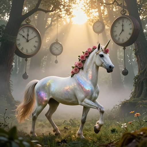Photograph of a shimmering white unicorn with pink rose crown, galloping in a misty forest, surrounded by hanging antique clocks.
