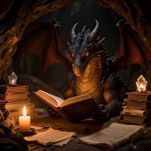 Photograph of a black, scaly dragon with orange eyes and horns, reading an open book in a dimly lit cave, surrounded by candles,