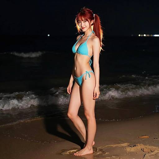 Young Woman in Blue Bikini at Night Beach