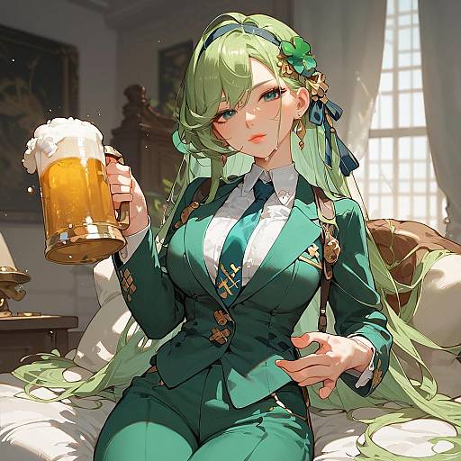 Unamused Vivian James in Green Suit