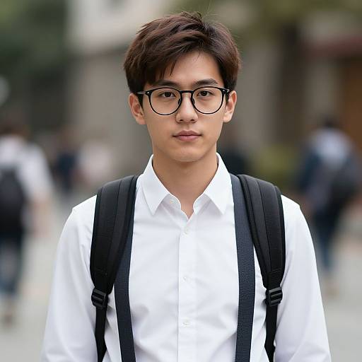 Photograph of an Asian teenage boy with short, dark hair, black-rimmed glasses, wearing a white shirt and black suspenders, carrying a