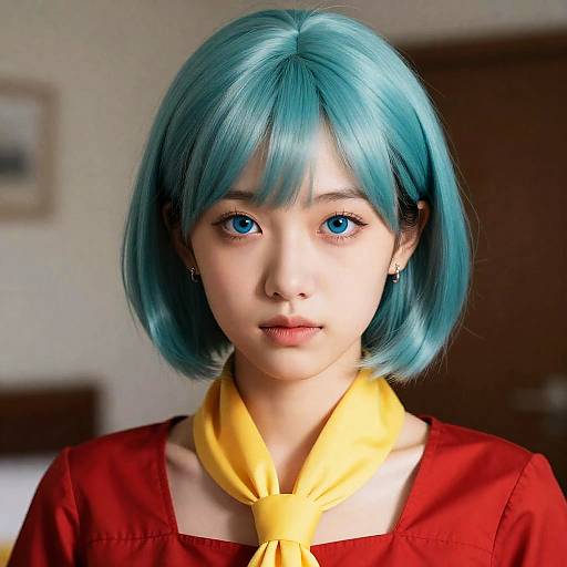 Photorealistic portrait of a young Asian woman with vibrant blue bob haircut, blue eyes, red blouse, yellow scarf, and subtle makeup.
