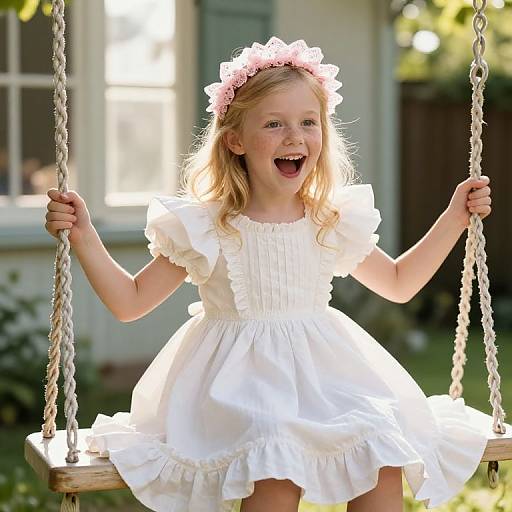Photograph of a joyful blonde girl with a pink flower crown, wearing a white ruffled dress, sitting on a wooden swing, sunlight illuminating her
