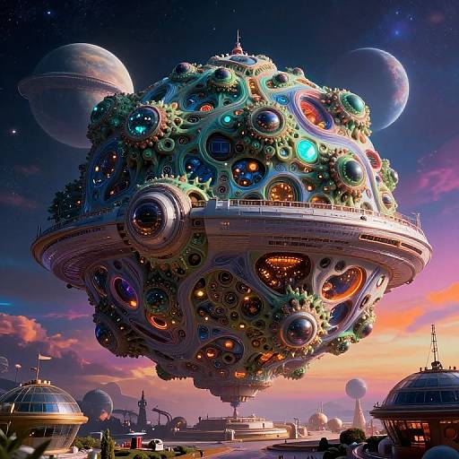 Digital art of a vibrant, futuristic, space-faring cityscape featuring a massive, ornate, gear-filled airship hovering above planets against a colorful