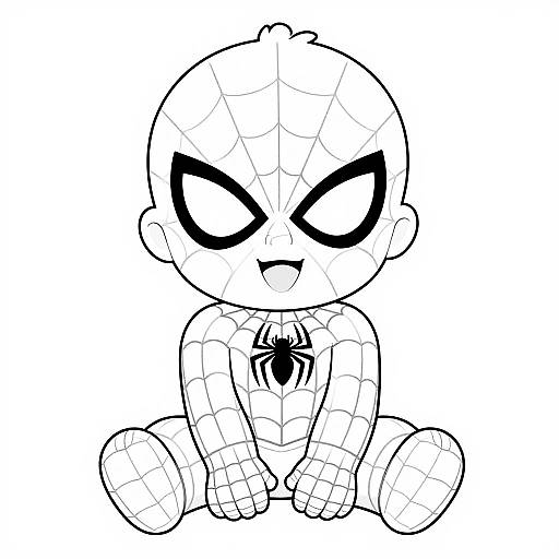 Cute black-and-white line drawing of a chibi-style baby Spider-Man with large, expressive eyes, spider emblem on chest, and web pattern on