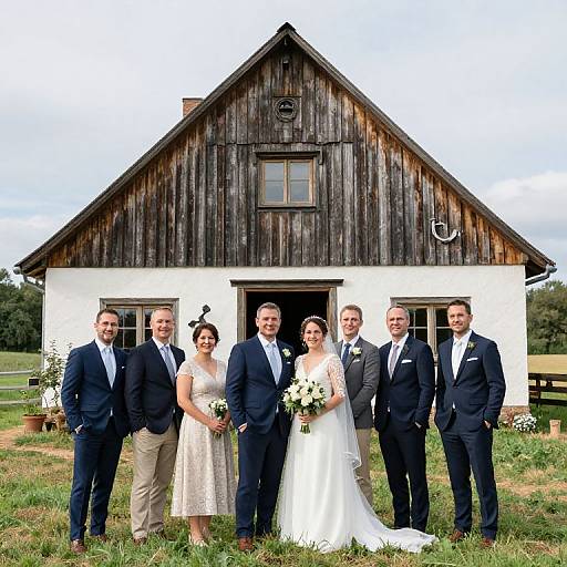 Photograph of a wedding party standing in front of a rustic wooden and white house, with bridesmaids and groomsmen in formal attire.