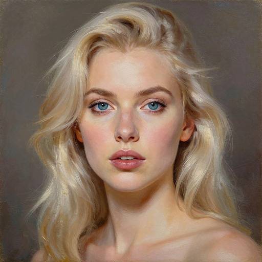 Digital portrait of a beautiful blonde woman with blue eyes, fair skin, and wavy hair, gazing directly at the viewer.